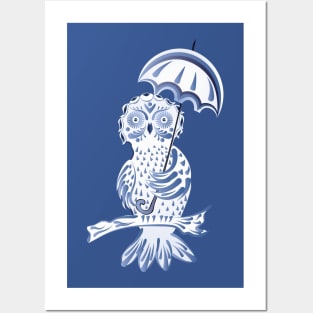 Blue Ornamental Owl with Umbrella Posters and Art